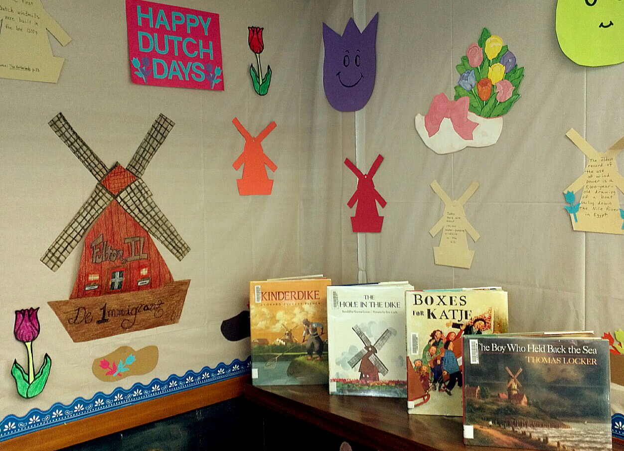 photo of the display downstairs in the children's room of Dutch themed books and other decorative items