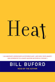 Image of the frontcover of the book "Heat", by Bill Buford. It's yellow. The title letters seem to be slowly melting down the page.