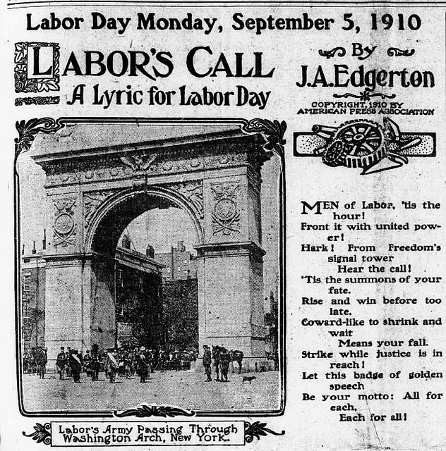 An image of a newspaper frontpage from Labor Day, Sep. 5th, 1910 showing a picture of Washington's Arch in New York and a ylrical poem for Labor Day.