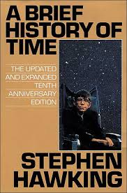 image of the front cover of Sthephen Hawking's "A Brief History of Time: The Updated and Expanded Tenth Anniversdary Edition", featuring a picture of himself