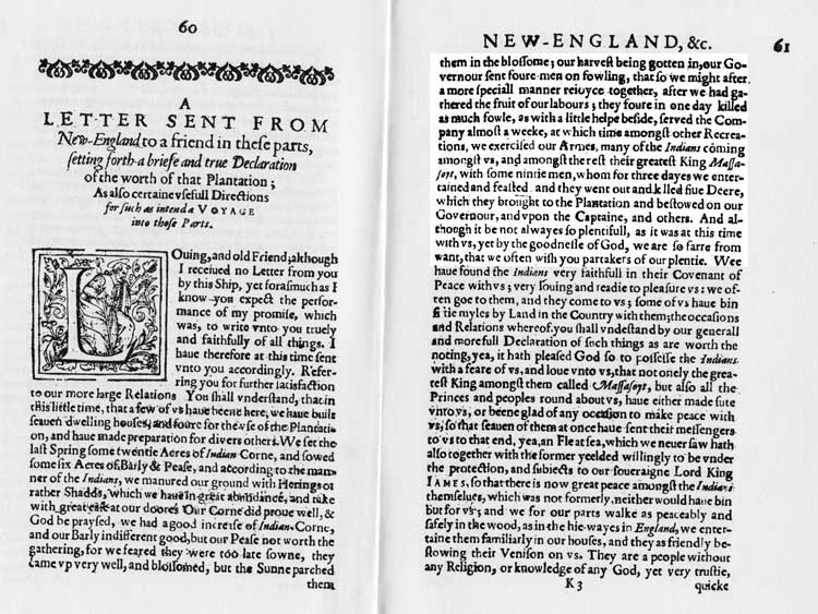 An image from an open book displaying the original wordage from the letter written by Pilgrim Edward Winslow to a friend back in England which includes a description of the first Thanksgiving feast celebrated by the Plymouth settlers in 1621.