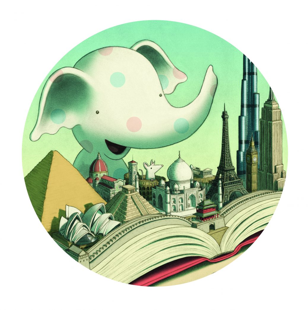 image of an elephant overlooking an open book which has a pop-up miniature city in it